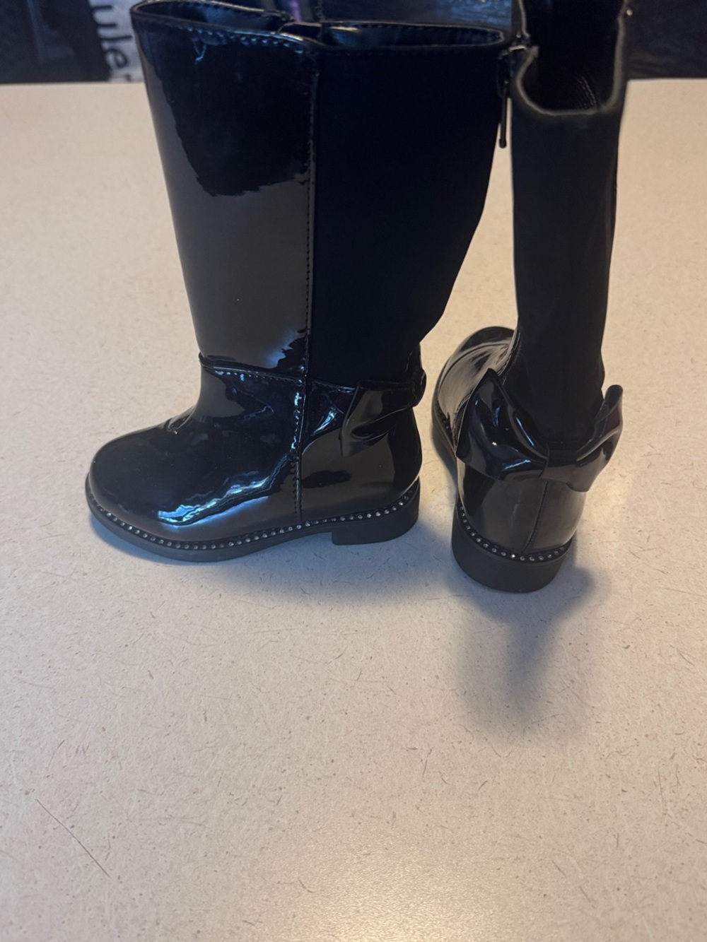 Place Girls Black Patent Tall Boots with Back Bow